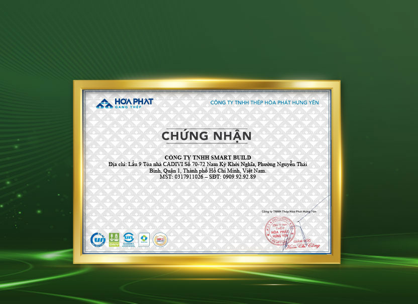 Giấy chứng nhận Smart Build là đại lý phân phối  các sản phẩm thép Hòa Phát